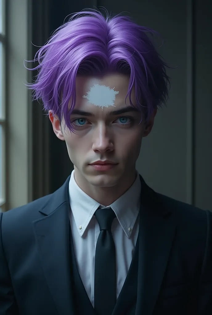 man,brown, with a white eye and blue short purple hair ,on the forehead a white mark  , in a suit