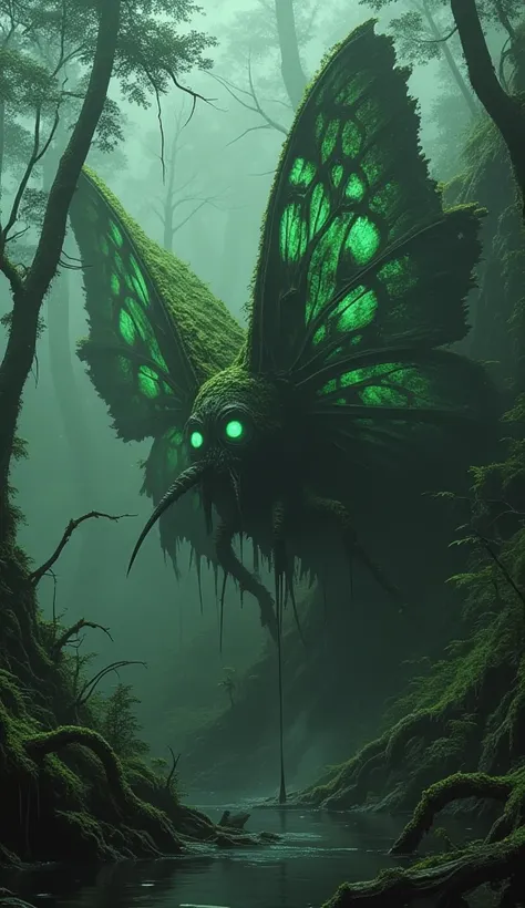 A terrifying, giant moth-like monster covered in thick, damp green moss, its tattered wings spread wide, revealing intricate patterns that resemble eerie, glowing eyes. Its decayed, chitinous body is wrapped in rotting vines and fungal growths, merging it ...