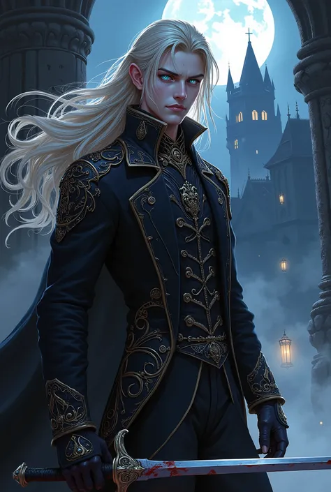  anime-style illustration of a young half-vampire man with long, flowing platinum blonde hair and piercing, otherworldly blue eyes that glow faintly in the dim light. His expression is calm yet intense, a mix of noble composure and an underlying predatory ...