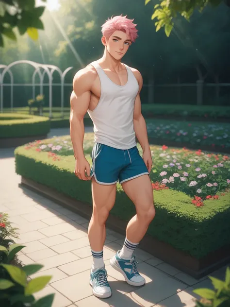 boy, muscular, twink, masculine, pink_hair, whole body showed, legs showed, garden, shorts, singlet, socks, sneakers, seductive, seduction, sexy, whole body, smooth skin, score_9, score_8_up, score_7_up, depth of field, natural light, light rays, raytracin...