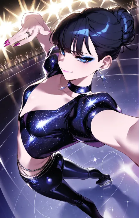 (sfw:1.5), makeup gyaru, cool beauty, solo girl ,glitter black costume, figure_skating, black hair, blue eyes, single hair bun, slender, small breast, serious, smug, afterimage, perspective, from side