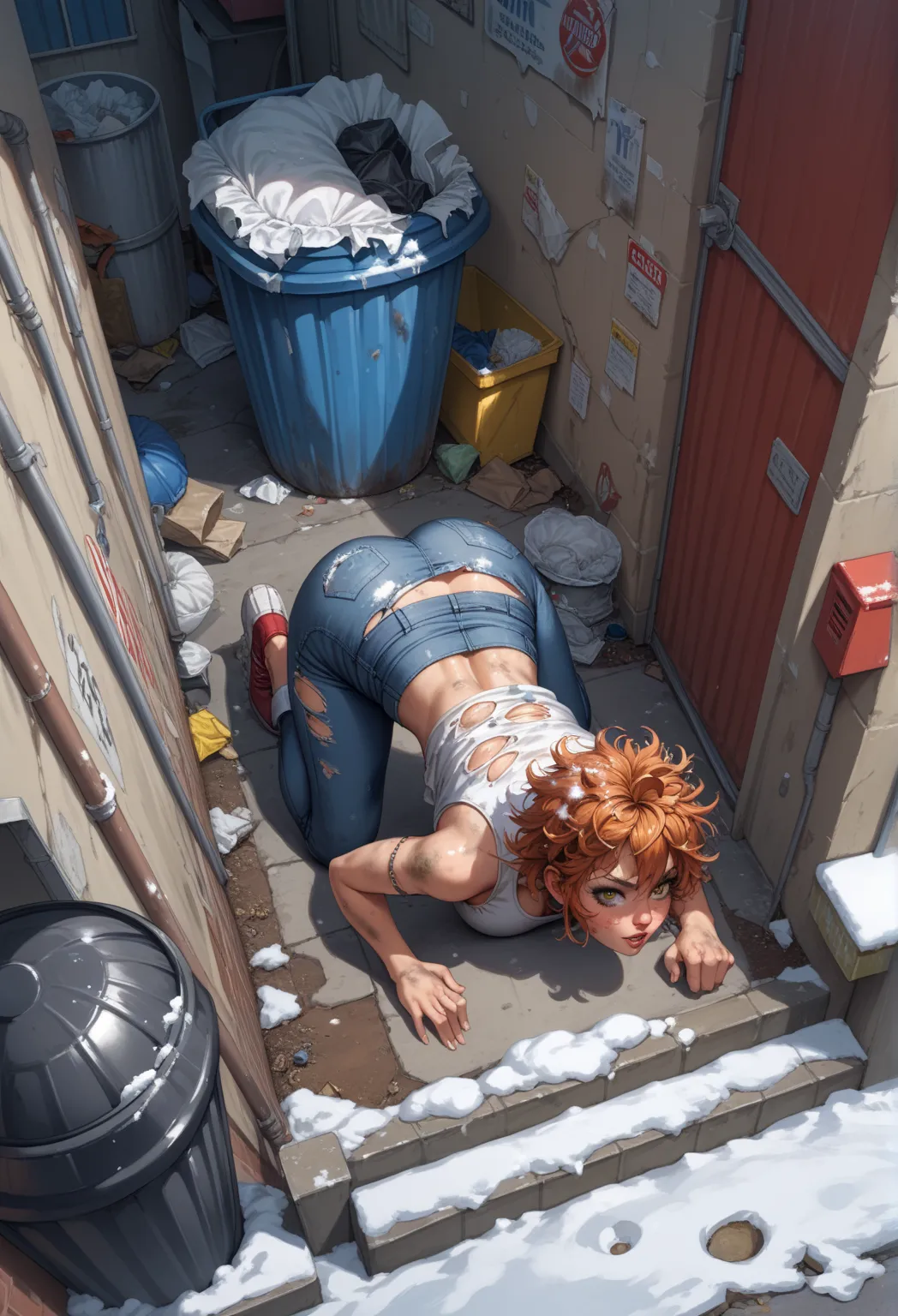 score_9, score_8_above, score_7_above, score_6_above, score_5_above, score_4_above, source_anime, Solo Focus, homeless woman, bending on the garbage bin, top-down bottom-above, (( inside the trash can )),  Misaligned clothes ,  saia levantada,  messy hair,...