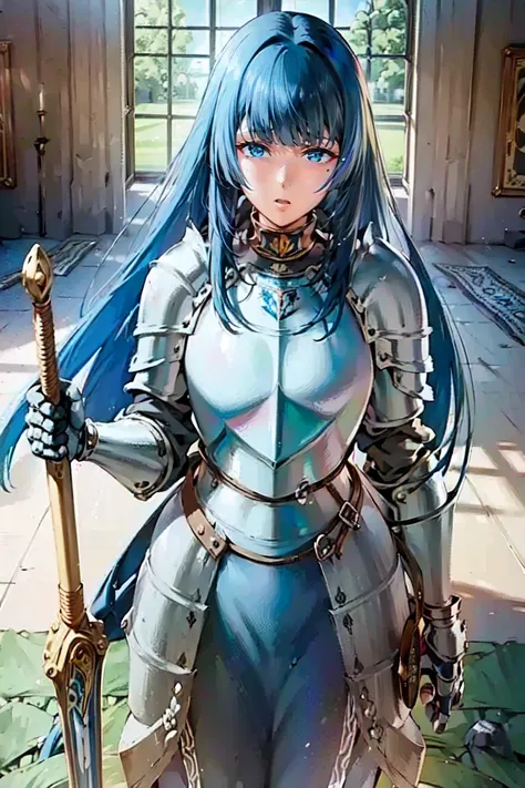 (masterpiece, best quality:1.2), 1girl, solo, blue hair, long hair, blunt bangs, blue eyes, blue detachable collar, shoulder armor, belt, pauldrons, breastplate, waist armor, Fauld, arms armor, gauntlets, blue loincloth, Sabatons, sword, black puffy inner ...