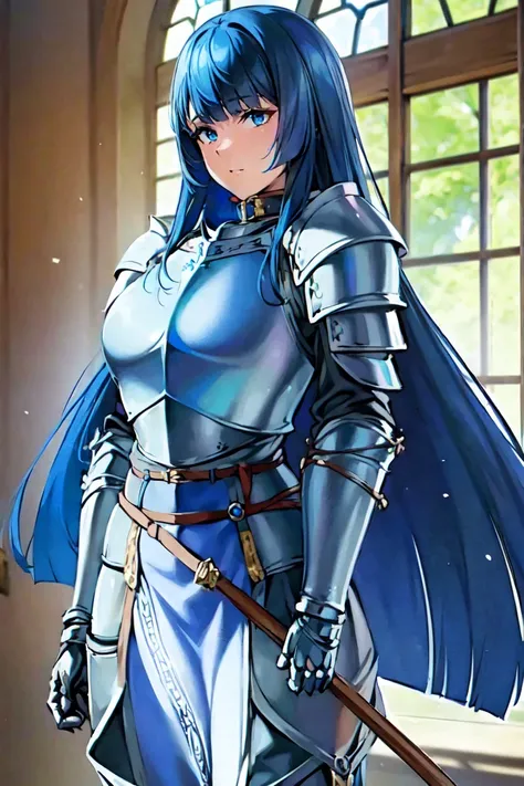 (masterpiece, best quality:1.2), 1girl, solo, blue hair, long hair, blunt bangs, blue eyes, blue detachable collar, shoulder armor, belt, pauldrons, breastplate, waist armor, Fauld, arms armor, gauntlets, blue loincloth, Sabatons, sword, black puffy inner ...