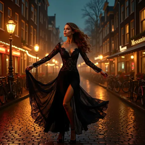 Ultra-realistic photographic portrait of a sensual woman dancing with fluid, captivating movements on the cobblestone streets of Amsterdam at night. She is wearing an elegant black lace dress that shimmers under the golden glow of the streetlights, her wav...