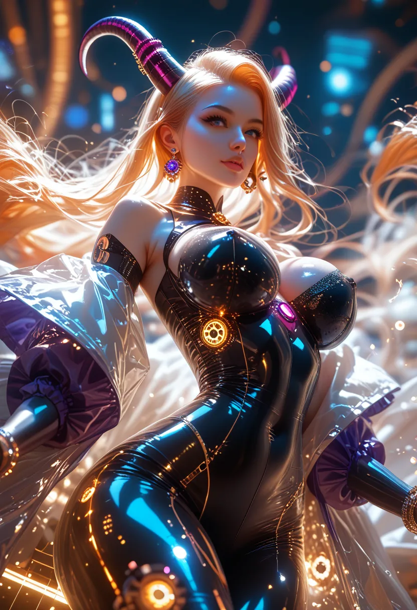 (best quality, highres), detailed close-up of a futuristic female robot with gears exposed on her tight thigh-length suit, featuring horns. The robot is floating in mid-air against a backdrop of swirling interstellar nebulas and pulsating waves of stardust...