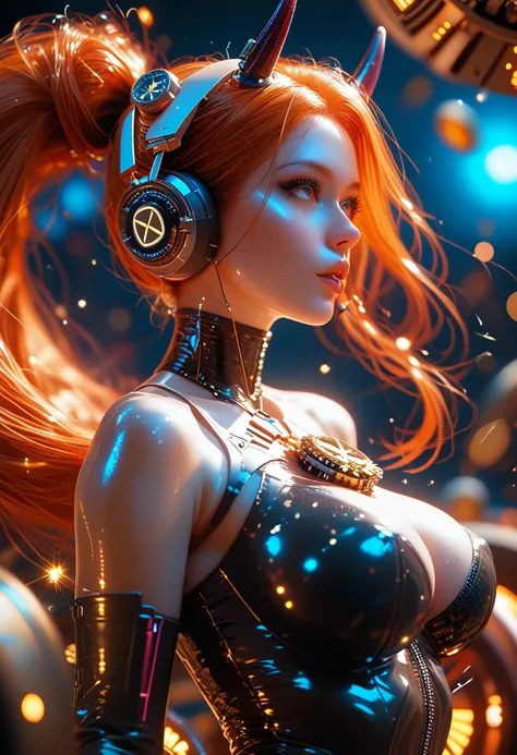 (best quality, highres), detailed close-up of a futuristic female robot with gears exposed on her tight thigh-length suit, featuring horns. The robot is floating in mid-air against a backdrop of swirling interstellar nebulas and pulsating waves of stardust...