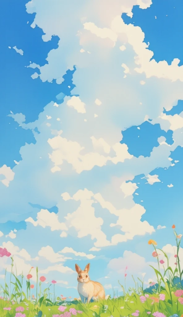  watercolor、Rabbit、  hill 、lawn、Cumulonimbus、   blue sky、 Airplane Clouds  、  Amazing Scents 、  beautiful landscape、 