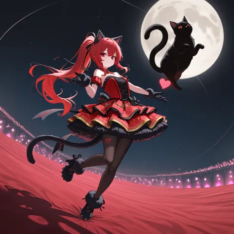 Full body drawing, looking at viewer, center, Front , Extend one hand,  1 girl ,  girl, Age 18, (( idol:1.5)), Red Hair,  slightly darker,  long ponytail, Black cat ears,  black ribbon ,  red eyes,  eyes like jewels, Eyes that harbor light, ( Eyes with Hig...