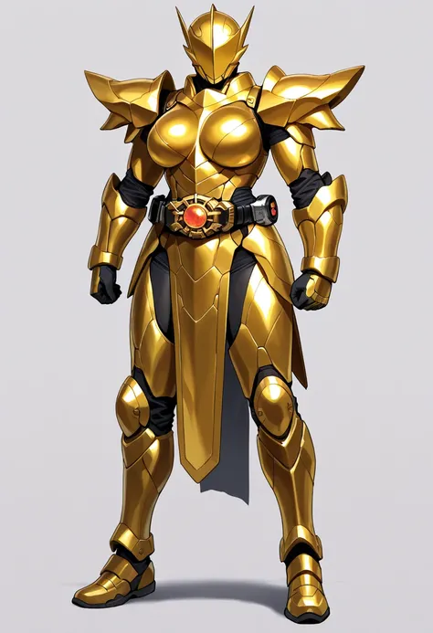 Top quality, full body, standing, from front,looking at viewer, simple background. no human features,A gold-like female humanoid monster,large breasts,  perfect body,non-human features,no human face,golden armor, rider belt on belly