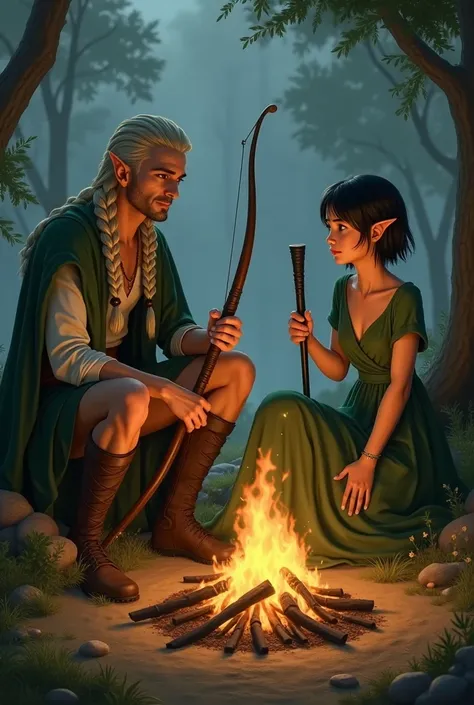 Around a bonfire sit an adult male elf in a braid with a bow and an adult female elf with short black hair wearing a green dress and a thick black cane. 