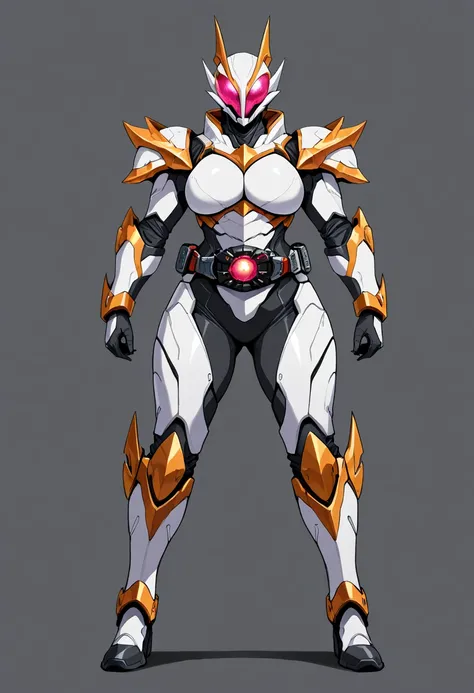 Top quality, full body, standing, from front,looking at viewer, simple background. no human features,A beast-like female humanoid monster, rider belt on belly,large breasts, perfect body,non-human features,no human face,fully beast,chitinous armor