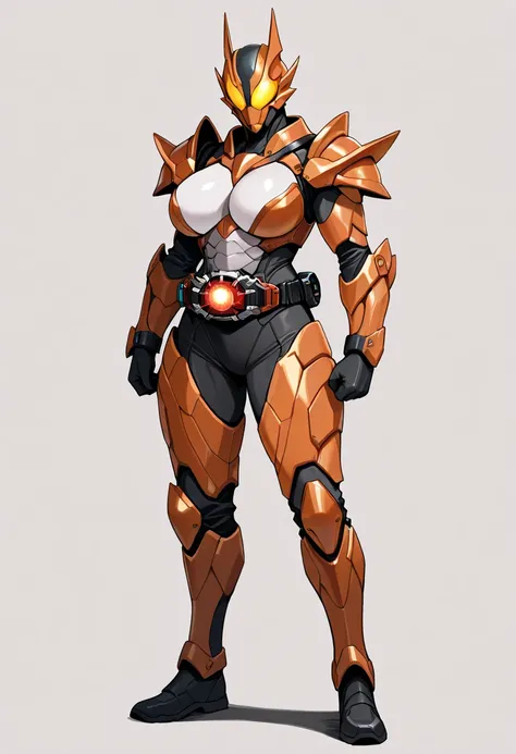 Top quality, full body, standing, from front,looking at viewer, simple background. no human features,A beast-like female humanoid monster, rider belt on belly,large breasts, perfect body,non-human features,no human face,fully beast,chitinous armor