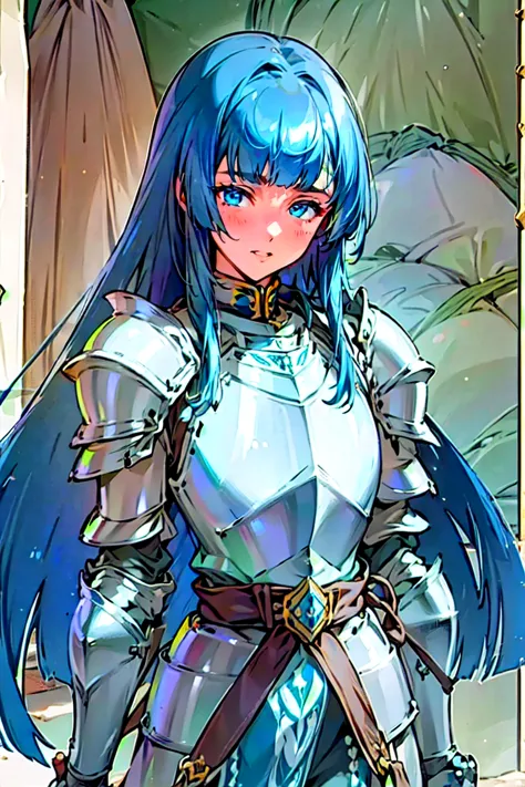 (masterpiece, best quality:1.2), 1girl, solo, blue hair, long hair, blunt bangs, blue eyes, blue detachable collar, shoulder armor, belt, pauldrons, breastplate, waist armor, Fauld, arms armor, gauntlets, blue loincloth, Sabatons, sword, black puffy inner ...