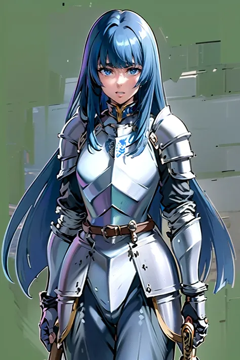 (masterpiece, best quality:1.2), 1girl, solo, blue hair, long hair, blunt bangs, blue eyes, blue detachable collar, shoulder armor, belt, pauldrons, breastplate, waist armor, Fauld, arms armor, gauntlets, blue loincloth, Sabatons, sword, black puffy inner ...