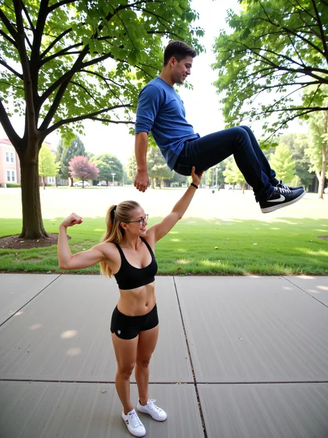 A longshot photograph capturing a petite, athletic, slim,  girl with her arm straight up while effortlessly holding a larger man aloft sitting on the palm of her left hand. [The girl has long blonde hair and is dressed in short shorts, crop top, 5’ tall, c...