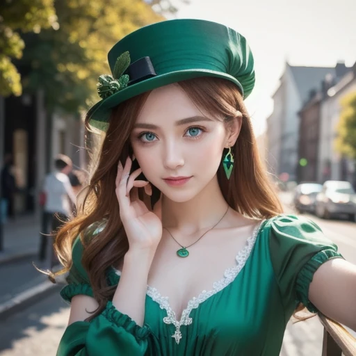  top quality,  professional lighting,  natural light,  highly detailed ,  by Nomi,  beautiful eyes with attention to detail , fairytale scene, holy. St. Patrick's Day , 1 girl, 18, cute, pale skin on a street car,  GREEN EYES ,  ginger hair, Makeup,  earri...