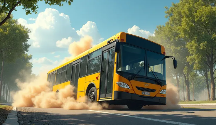 A tumultuous scene unfolds as a city bus, unexpectedly veers off the tarmac. The large vehicle, painted in vibrant yellow and black, topples over, its side now meeting the ground. Panic exudes from the scene, as dust and debris are thrown into the air form...