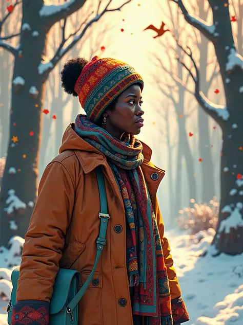 black woman dressed in african designed winter clothes, walking in a forest surrounded by paper cut trees, clouds and birds. very high detailed and clear image, providing a cinematic look like shot from a 70mm lens panavision camera, 32k high definition an...