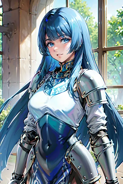 (masterpiece, best quality:1.2), 1girl, solo, blue hair, long hair, blunt bangs, blue eyes, blue detachable collar, shoulder armor, belt, pauldrons, breastplate, waist armor, Fauld, arms armor, gauntlets, blue loincloth, Sabatons, sword, black puffy inner ...