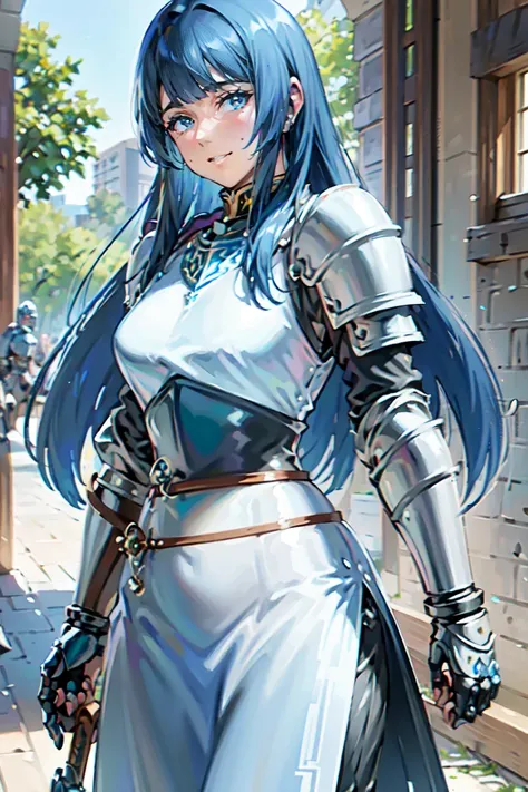 (masterpiece, best quality:1.2), 1girl, solo, blue hair, long hair, blunt bangs, blue eyes, blue detachable collar, shoulder armor, belt, pauldrons, breastplate, waist armor, Fauld, arms armor, gauntlets, blue loincloth, Sabatons, sword, black puffy inner ...