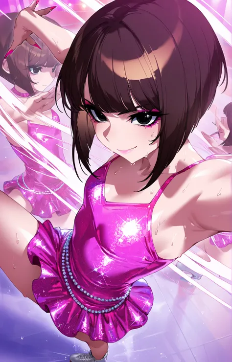 (sfw:1.5), makeup gyaru, cool beauty, solo girl ,marble glitter pink costume, figure_skating, brown hair, black eyes, inverted bob, slender, small breast, serious, sweat, smile,afterimage, perspective, from side