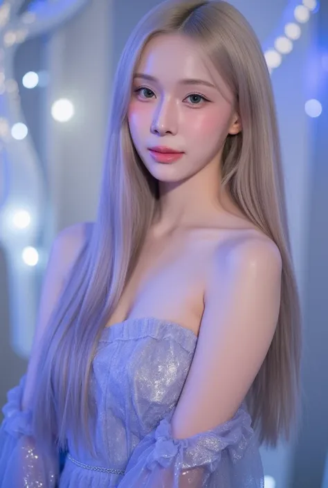 A stunningly beautiful young Korean woman with flawless, porcelain-white skin that appears delicately dewy and glowing, as if she just stepped out of a dream. She wears trendy Doujin Chinese Makeup (TikTok) inspired makeup, featuring soft, gradient blush t...