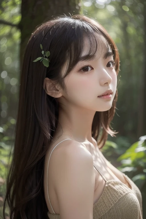 A striking silhouette of a beautiful Korean girl profile, intricately crafted from a lush forest scene, where towering trees, delicate foliage, and vibrant wildflowers replace the traditional dark outline, evoking a sense of nature's harmony, with misty sh...