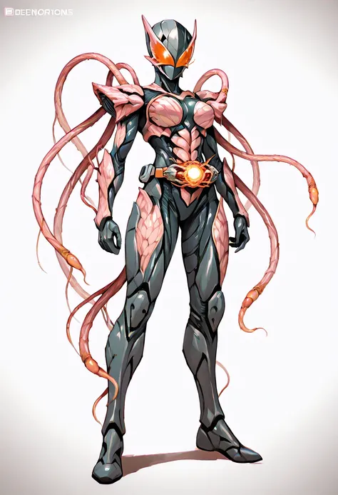 A female tokusatsu hero fully covered in reinforced armor, with no skin or mouth exposed. The armor is sleek and form-fitting, designed to exude a sense of sexiness, yet it incorporates unsettling, organic elements that give it a bio-mechanical appearance....