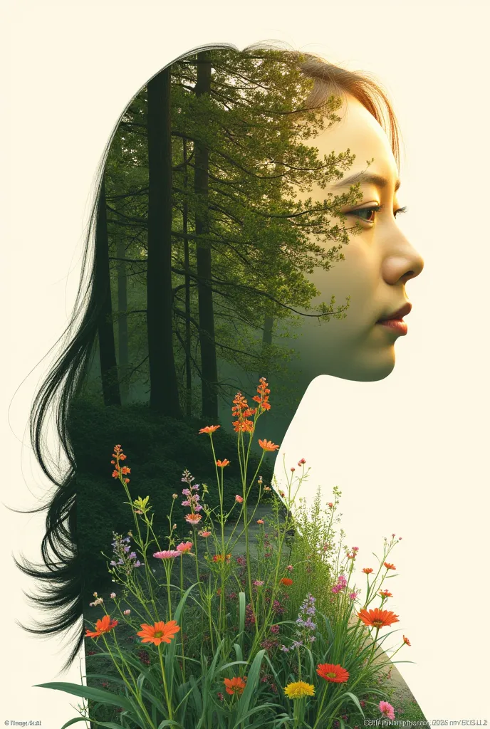 A striking silhouette of a beautiful Korean girl profile, intricately crafted from a lush forest scene, where towering trees, delicate foliage, and vibrant wildflowers replace the traditional dark outline, evoking a sense of nature's harmony, with misty sh...