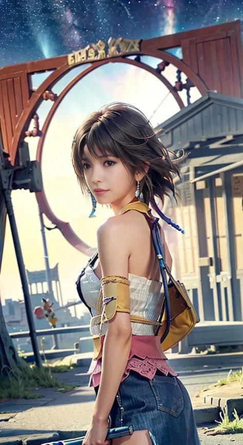 4K,masterpiece, highres, ultra detailed), 1 female, 28 years old, yuna of final fantasy x2, more mature looking, ((simple background)), plain dark background, ((nothing in background)), hyperrealistic, yuna's final fantasy costume, Yuna's original costume ...