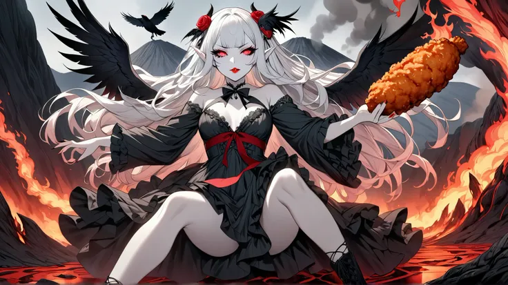 (Ultra-detailed face, Looking away, Gothic Illustration, Dark tone colors. She has five fingers on her hands and five toes on her feet.), BREAK (The composition looks up from the woman's chest to the woman's face, flames burst from the volcano, lava flows ...