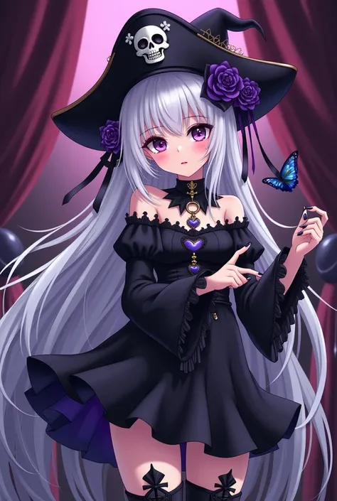 Vampire witch anime girl with pirate hat. Sexy black short dress. Black and purple lace-up high-heeled boots. very long white and purple hair. big purple eyes, pink lips, black and long fingernails. Faint face , sad and taciturn look. Black roses, skull, C...