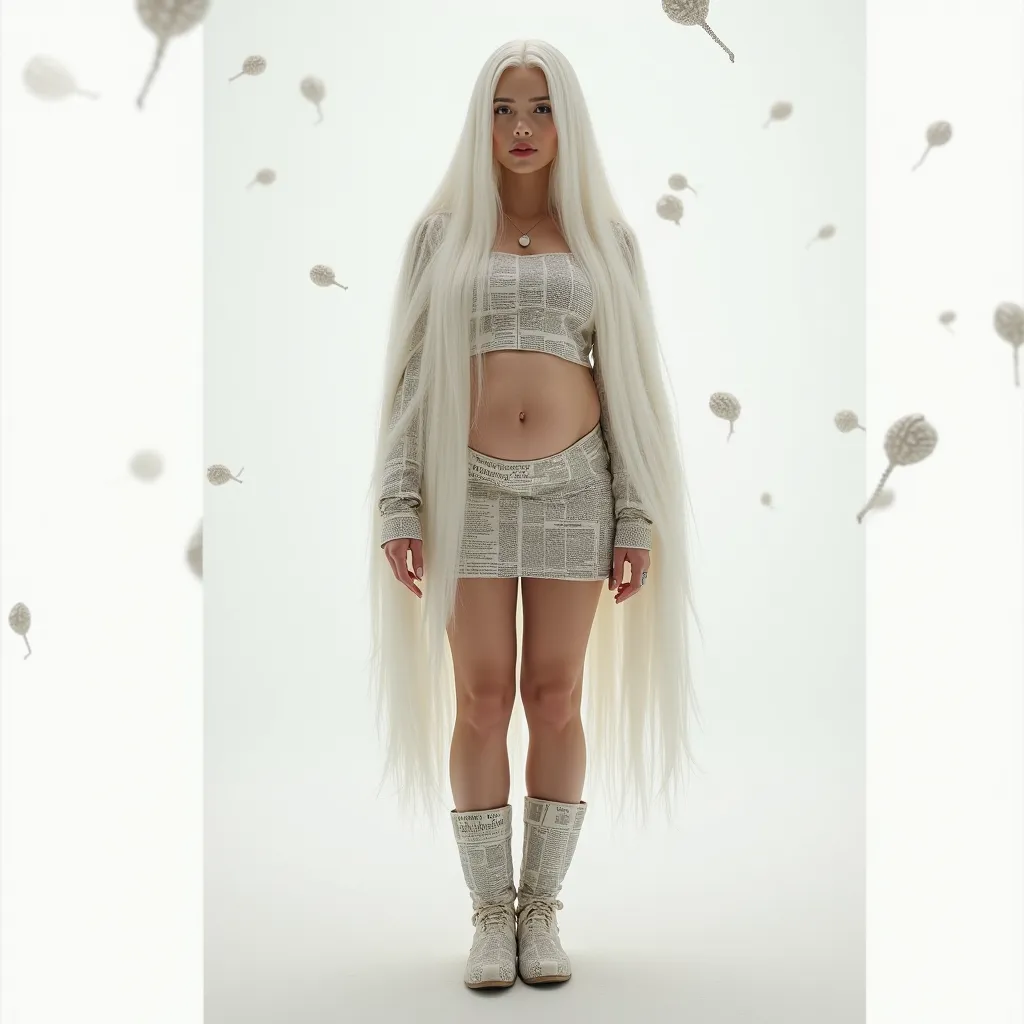  a woman with long hair ,  straight and white ,,  she will wear a short paper top made of newspaper  ,,  a paper miniskirt made of newspaper and a boot made of newspaper  , She will be standing and the background will be white with small metallic brains fl...