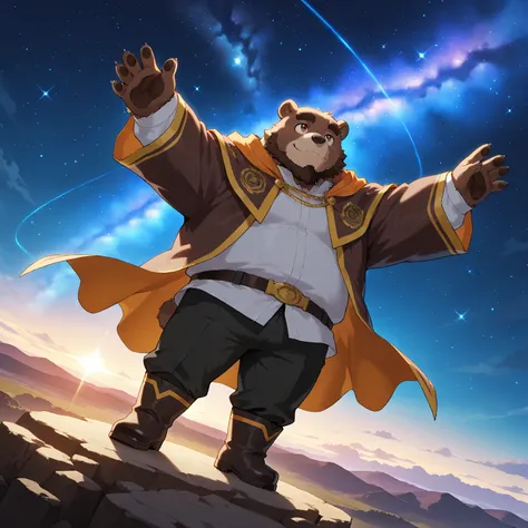 character focus, full body, looking away, dynamic angle, astrologer, plump middle-aged bear man, little smile, magical costume clothes, magical robe, shirt, half pants, boots, standing arms rised in the air, searching for stars, dynamic pose, BREAK full bo...