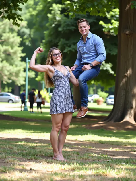 A longshot photograph capturing a petite, athletic, slim,  girl with her arm straight up while effortlessly holding a larger man aloft sitting on the palm of her left hand. [The girl has long blonde hair and is dressed in a sun dress, 5’ tall, cleavage, gl...