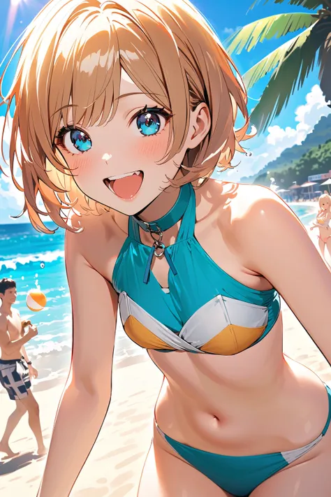 1 girl, (cute face), short hair, (laughing), (blush), small breasts, slim, (wearing a colorful bikini), playful, 
BREAK 
Sunny beach, azure ocean, banana boat nearby, (splashing water:1.2), (having fun with friends:1.2), beach towels and umbrellas in the b...