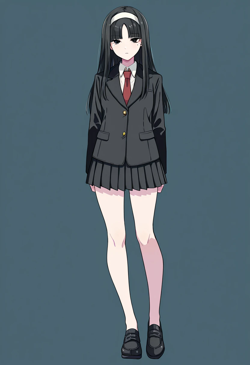 Top quality, full body, standing, from front,looking at viewer, simple background. kwkm, black eyes, black hair, long hair, blunt bangs, parted bangs, white hairband, mole under eye, school uniform, red necktie, black jacket, black skirt, pleated skirt