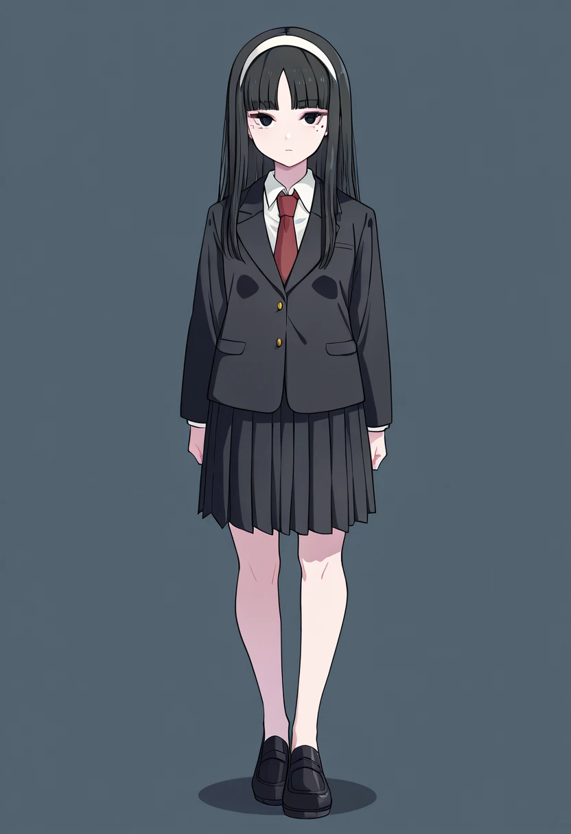 Top quality, full body, standing, from front,looking at viewer, simple background. kwkm, black eyes, black hair, long hair, blunt bangs, parted bangs, white hairband, mole under eye, school uniform, red necktie, black jacket, black skirt, pleated skirt