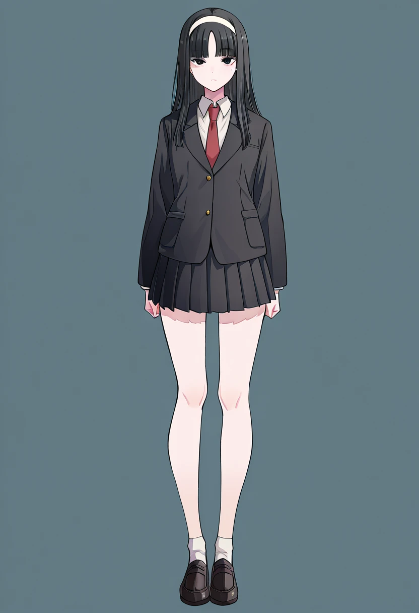 Top quality, full body, standing, from front,looking at viewer, simple background. kwkm, black eyes, black hair, long hair, blunt bangs, parted bangs, white hairband, mole under eye, school uniform, red necktie, black jacket, black skirt, pleated skirt