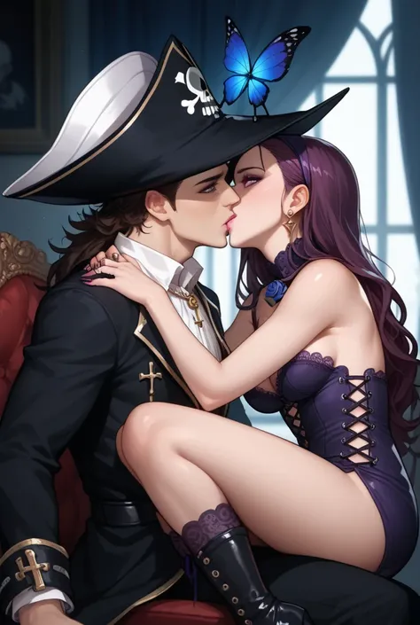 Vampire witch anime girl with pirate hat. Sexy black short dress. Black and purple lace-up high-heeled boots. very long white and purple hair. big purple eyes, pink lips, black and long fingernails. Faint face , sad and taciturn look. Black roses, skull, C...