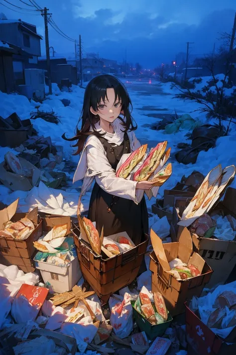 more absurd, hight resolution, (Anime style:1.1), ((masutepiece)), ((Best Quality)), (Ultra-detailed), (Beautiful),  solo, Beautiful face、 medium breast, (liftup)、(mother offering half eaten sandwich :1.4)、The snowy alley is full of garbage、Garbage with ro...