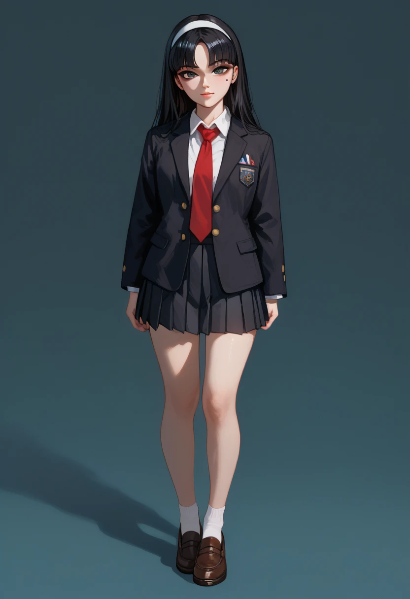 Top quality, full body, standing, from front,looking at viewer, simple background. kwkm, black eyes, black hair, long hair, blunt bangs, parted bangs, white hairband, mole under eye, school uniform, red necktie, black jacket, black skirt, pleated skirt