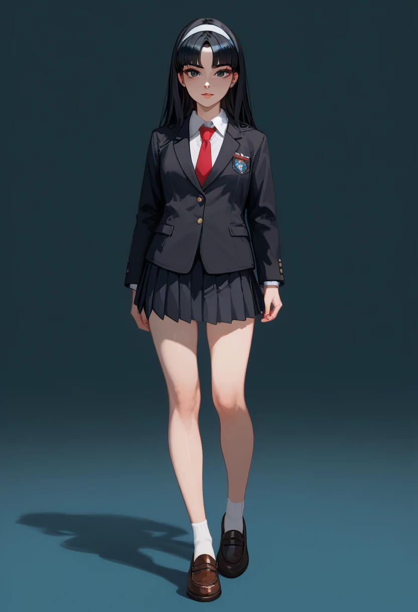 Top quality, full body, standing, from front,looking at viewer, simple background. kwkm, black eyes, black hair, long hair, blunt bangs, parted bangs, white hairband, mole under eye, school uniform, red necktie, black jacket, black skirt, pleated skirt