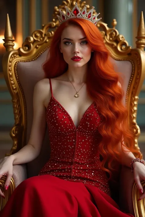 An elegant and modern castle with lights this she is a young woman,fine features, her oval face ,her shimmering white skin , her long super long wavy bright crimson red hair,her golden yellow eyes  , Thick lips,She is dominant and pretty ,She is wearing a ...