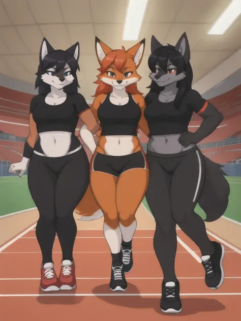 Furry, fox, wolf, girls, female, friends, trio, competition, black shirt, black spandex bike shorts, shoes, indoor running track, competition, full body