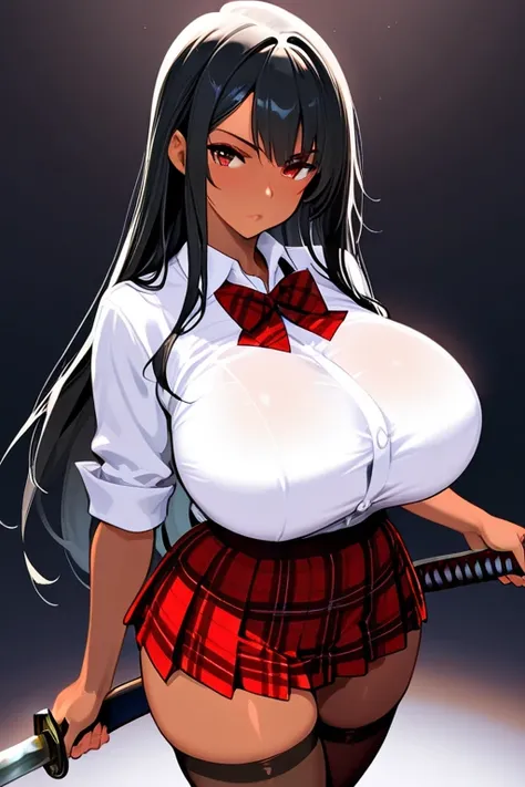 8k,masterpiece, best quality, ultra detailed, high resolution, super fine illustration, 1girl,gal,dark skin,solo,red eyes, black hair, long hair, huge breasts, collared shirt, bowtie, miniskirt, plaid skirt, thighhighs, holding katana, cowboy shot,