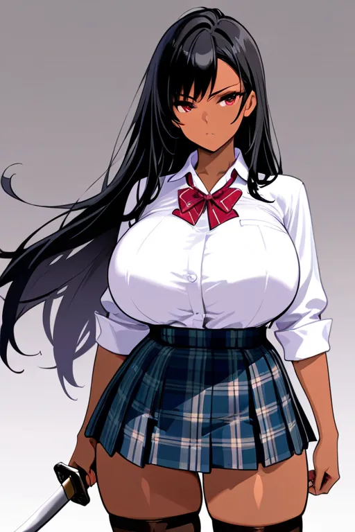 8k,masterpiece, best quality, ultra detailed, high resolution, super fine illustration, 1girl,gal,dark skin,solo,red eyes, black hair, long hair, huge breasts, collared shirt, bowtie, miniskirt, plaid skirt, thighhighs, holding katana, cowboy shot,