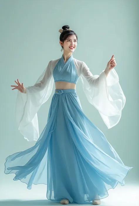 Chinese ancient clothing,Han Chinese Clothing,a woman in a blue dress posing for a picture, the blade dancer, fair complexion, still image from tv series, inspired by Du Qiong, tiktok video, high-definition photograph, open hand, cheerful expression, still...