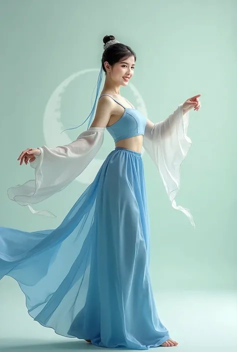 Chinese ancient clothing,Han Chinese Clothing,a woman in a blue dress posing for a picture, the blade dancer, fair complexion, still image from tv series, inspired by Du Qiong, tiktok video, high-definition photograph, open hand, cheerful expression, still...